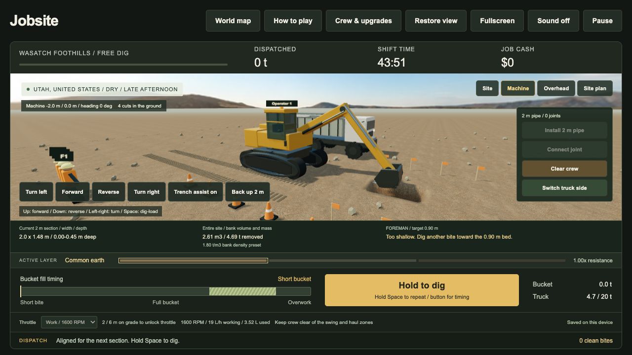 Jobsite gameplay with an excavator, haul truck, pipe crew and a visible trench